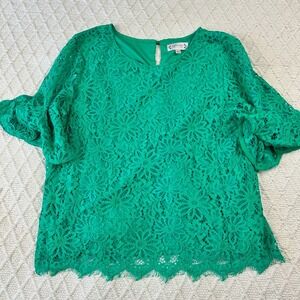 Nanette Lepore Green Floral Lace Flutter Sleeve Blouse XL Keyhole Back Lined